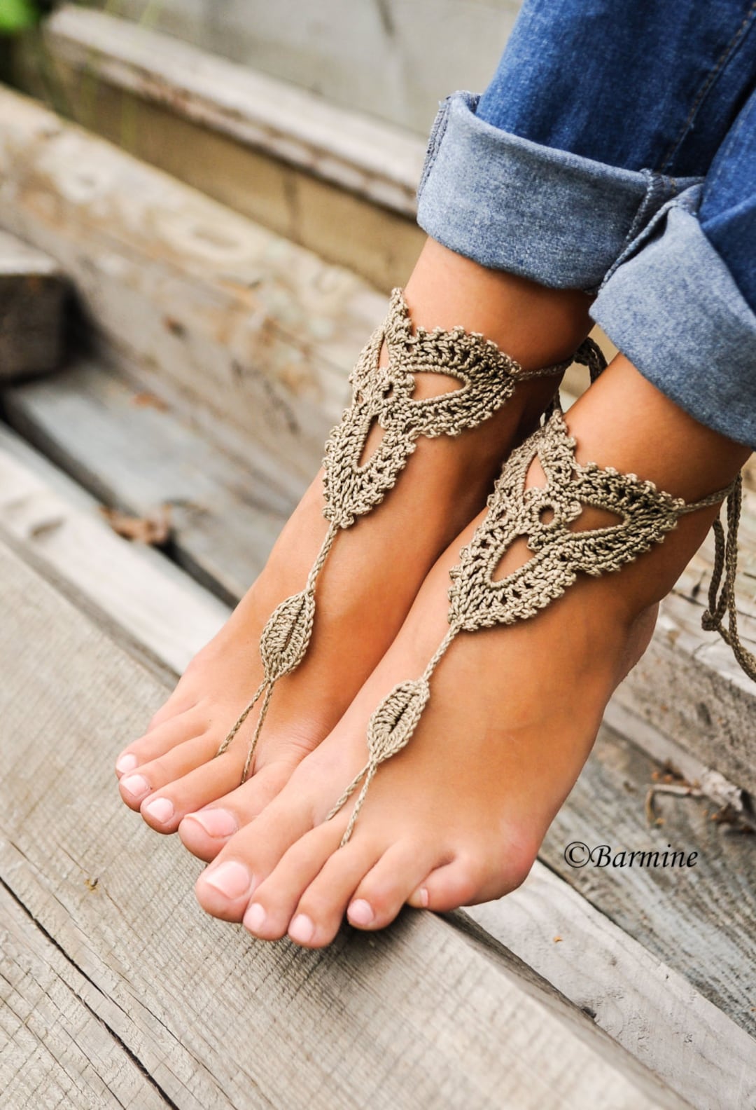 Crochet Barefoot Sandals, Tan Lace, Beach Wedding Shoes