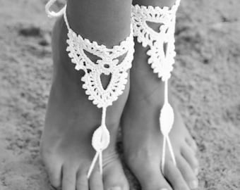 Gehaakte blote voeten sandalen, katoenen kant, strand bruiloft voetsieraden
