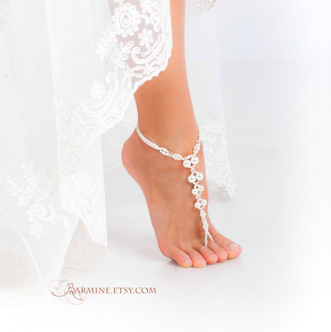 White Beaded Barefoot Sandals Bridal Foot Jewelry Pearl and - Etsy