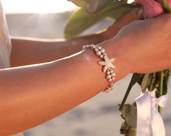 Rose Gold Starfish Pearl Bracelet, Beach Wedding Bridal Jewelry