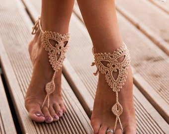 Crochet Barefoot Sandals, Champagne Bridal Foot Jewelry