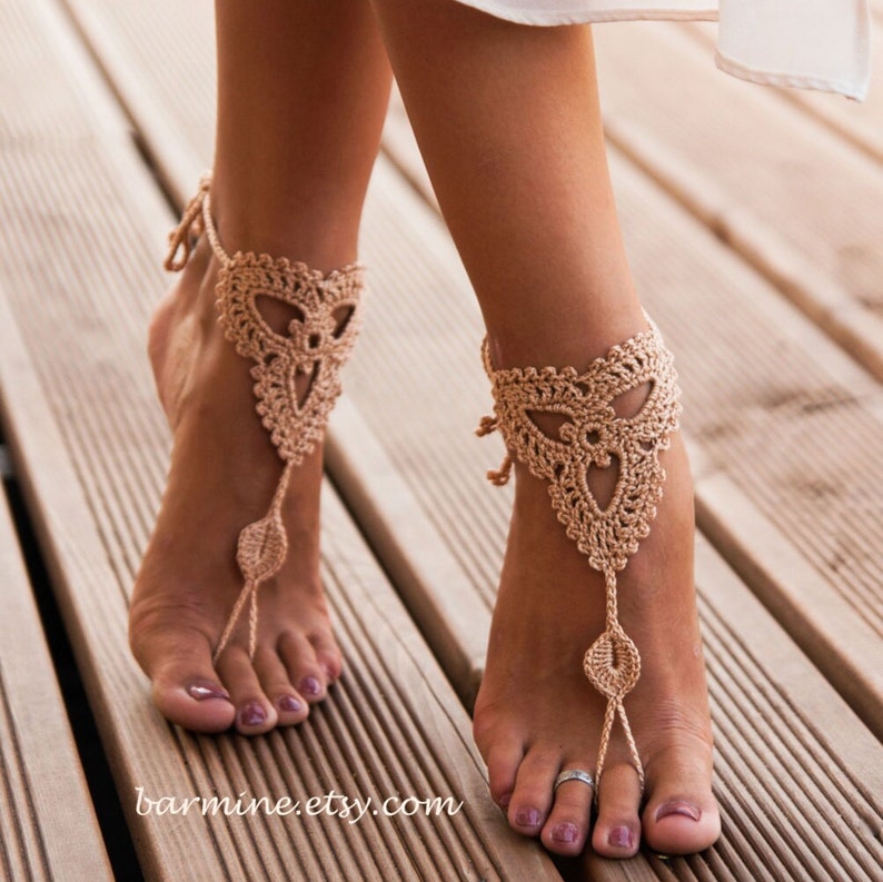 Crochet Barefoot sandals, Champagne Bridal Barefoot sandal, Beach wedding barefoot sandals, Bridesmaid gift, Foot jewelry, Beach wedding 