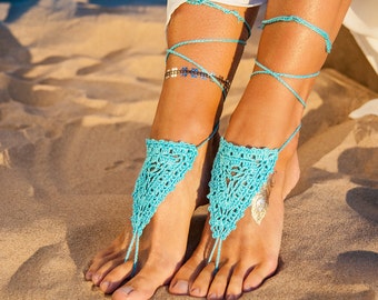 Crochet turquoise Barefoot sandals, Macrame anklet, Barefoot sandal, Beach wedding, Destination wedding, Footless shoes, Bridesmaid shoes