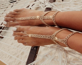 Gold Crochet Barefoot Sandals, Beach Wedding Foot Jewelry