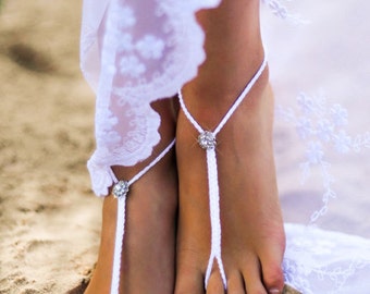 Beach wedding barefoot sandals, Crochet white and Rhinestone barefoot sandal, Crystal barefoot sandles, Foot accessory, Bridal shoes, Anklet