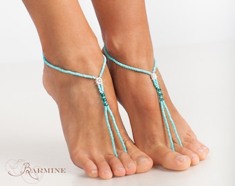 Turquoise Blue Beaded barefoot sandals, Minimalistic Beach wedding Barefoot Sandals, Pastel Destination wedding bridesmaid jewellry, Anklet