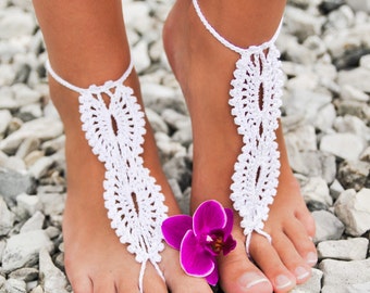 Sandalias blancas de ganchillo para pies descalzos, joyería para pies para bodas en la playa