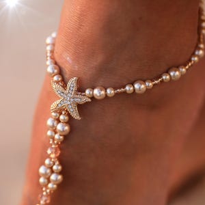 Rose gold pearl beaded barefoot sandals, Bridal foot jewelry, ocean themed wedding, destination wedding shoes, Feet bling for coast ceremony