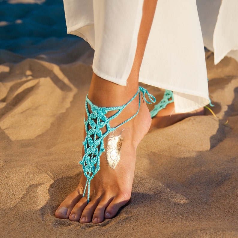 Crochet turquoise Barefoot sandals, Macrame anklet, Barefoot sandal, Beach wedding, Destination wedding, Footless shoes, Bridesmaid shoes 