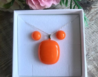 Bright orange glass jewellery set, tropical stud earrings, summer necklace