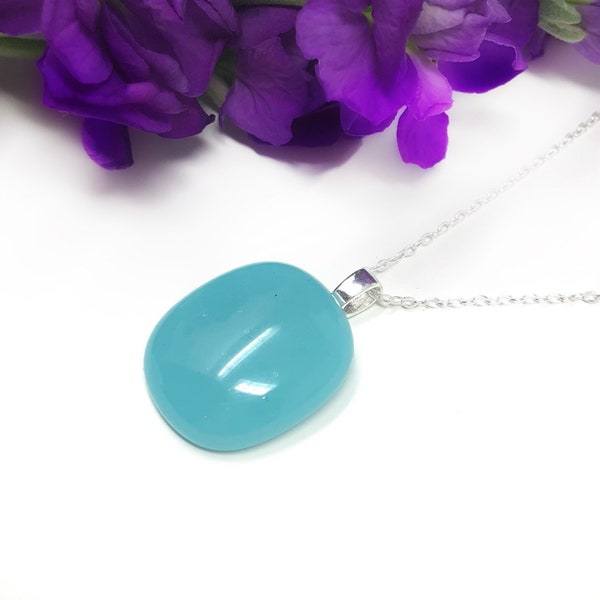 Turquoise glass pendant, small pastel blue necklace