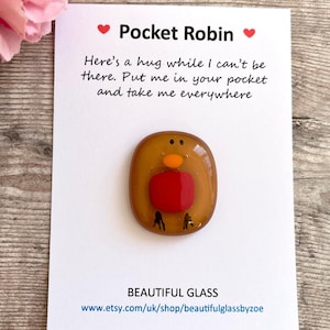 Pu&ograve; includere: Una piccola figurina di pettirosso in vetro con il petto rosso e il corpo marrone. La figurina &egrave; su una carta bianca con il testo "Pocket Robin" e "Here's a hug while I can't be there. Put me in your pocket and take me everywhere".