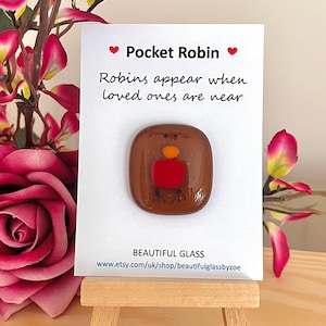 Pu&ograve; includere: Una piccola figurina di pettirosso in vetro con il petto rosso, il becco arancione e il corpo marrone. La figurina &egrave; su una carta bianca con il testo "Pocket Robin" e "I pettirossi appaiono quando i cari sono vicini". La carta include anche il testo "BEAUTIFUL GLASS" e un indirizzo di sito web.