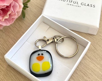 Penguin keyring, cute animal present, teacher gift, letterbox hug, Fused Glass, sentimental keepsake