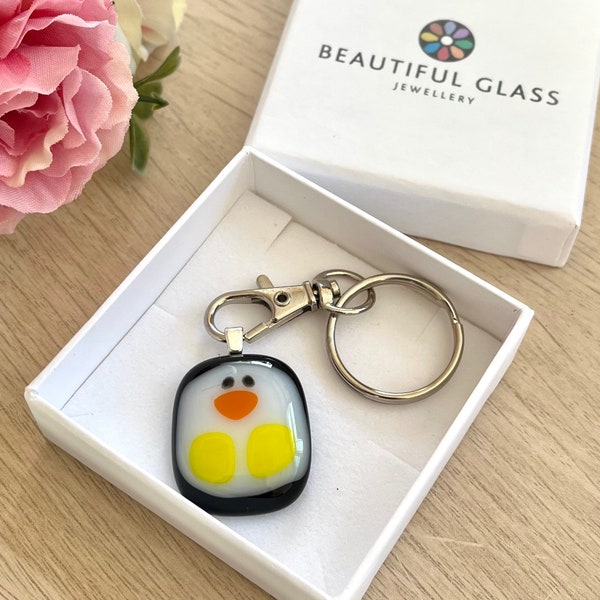 Penguin keyring, cute animal present, teacher gift, letterbox hug, Fused Glass, sentimental keepsake