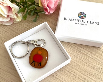 Robin keyring, cute bird present, wildlife lover, thinking of you, letterbox hug, Fused Glass, sentimental keepsake