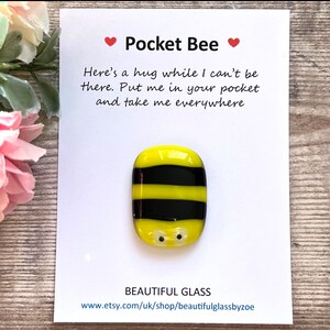 Pocket Bee, bee lover gift, pocket hug card, wildlife present, thinking of you present, virtual letterbox hug, Fused Glass,