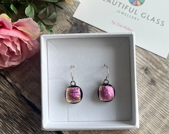 Bright pink dangly earrings, sparkly dichroic glass drop earrings