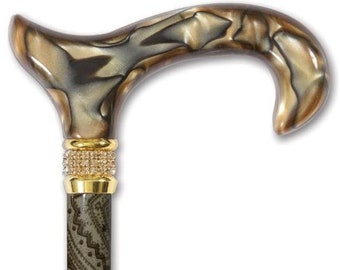 Khaki Elegance fashion cane with Bronze marble-like acrylic handle, gold rhinestones collar, wedding cane, rhinestone cane, cane
