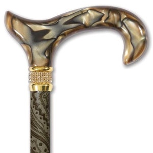 Khaki Elegance fashion cane with Bronze marble-like acrylic handle, gold rhinestones collar, wedding cane, rhinestone cane, cane