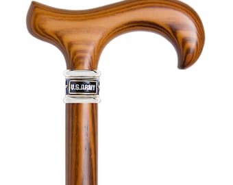 ARMY Ash Wood Walking Cane: Stainless Steel collar with Derby Handle
