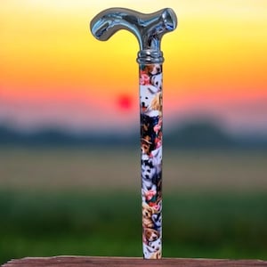 Może przedstawiać: Srebrna laska z zakrzywionym uchwytem. Trzon laski pokryty jest kolorowym wzorem przedstawiającym różne rasy psów.