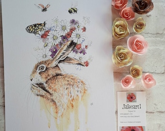 Hare flowers British wildlife original art print