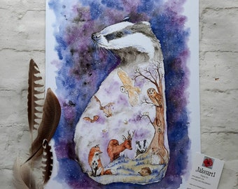 Badger wildlife woodland original art print