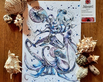 Octopus squid sealife original art print