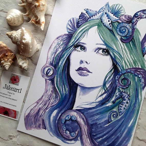 ソフトパステル水彩画 女性の肖像 多色使いアートインテリア