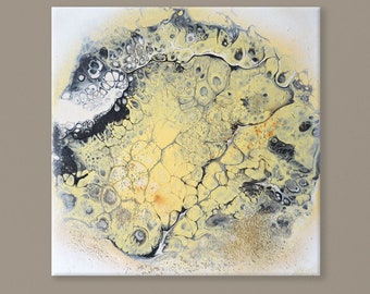 Small Original Acrylic Painting, Fluid Abstract in Ivory, White, Yellow, Black and Gold 12x12"/30x30 cm