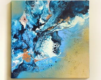 Original Dutch Pour Painting, Acrylic Artwork in Ocean Blue, Turquoise, Indigo, Copper and Gold 30x30 cm/12x12"