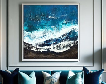 Pintura de olas nórdicas, arte original de la pared del paisaje marino, pintura marina contemporánea