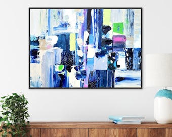 Original Geometric Abstract Painting, White Black Blue Pink Wall Art, Brush Stoke Acrylic Painting