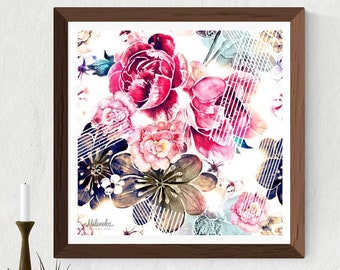 Flower fine art print, Peony art on high quality paper in pink, white, violet, beige and blue, Floral digital print 20x20'/50x50cm