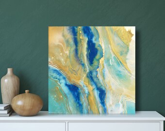 Small Resin Artwork, Pour Painting in Ocean Blue, Turquoise, White and Golden 30x30 cm/12x12"