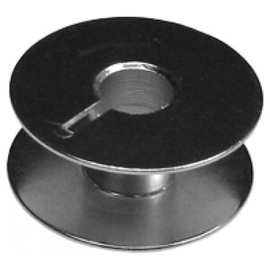 May include: A shiny, silver-colored metal bobbin for a sewing machine. The bobbin has a spool shape with two circular flanges and a central opening with a slot for the thread. The bobbin is designed to hold thread for the lower part of the sewing machine.