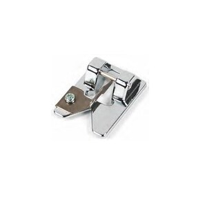 May include: A silver sewing machine foot with a small screw on the side. The foot is designed for sewing a rolled hem.