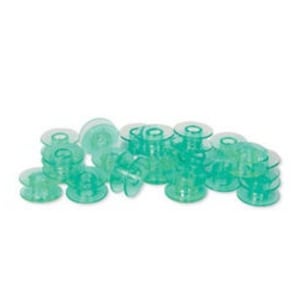 May include: A group of 20 clear green plastic bobbins for a sewing machine.