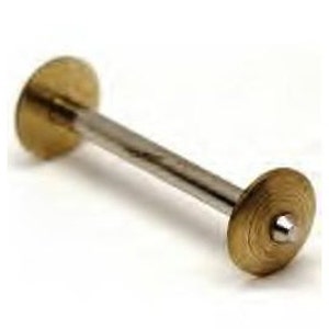 May include: A metal bobbin with two round, gold-colored discs on either end. The bobbin is used for winding thread.