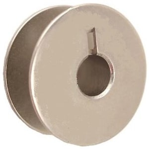 May include: A silver metal sewing machine bobbin with a small hole in the center.