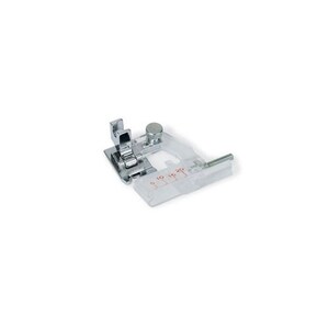 May include: A silver sewing machine foot with a clear plastic guide. The guide has markings for 5, 10, 15, and 20 mm.