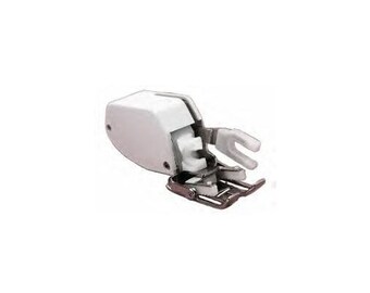 May include: White sewing machine foot attachment with a silver metal frame and a white plastic housing.