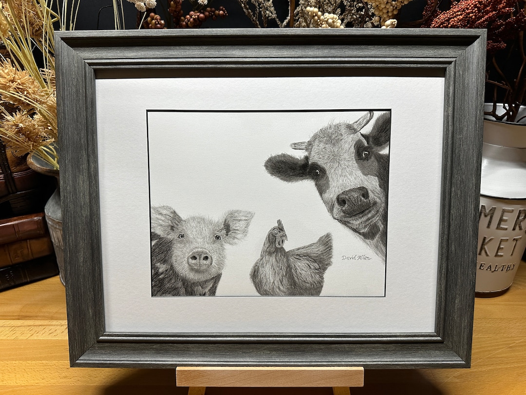 Cow, Pig, Rooster Chicken Farm Graphite Pencil Art Sketch Drawing Print ...
