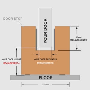 May include: Diagram of a door stop with measurements. The diagram shows a door labeled "YOUR DOOR" in a wooden frame. Measurements are labeled for door height, thickness, and a 80mm measurement. The base is 200mm wide.