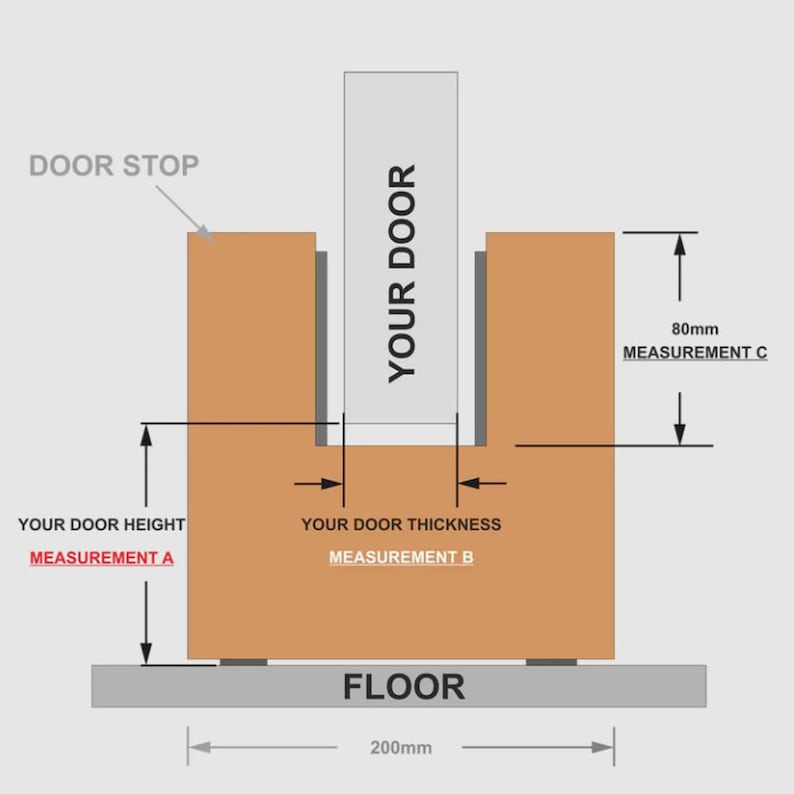 May include: Diagram of a door stop with measurements. The diagram shows a door labeled "YOUR DOOR" in a wooden frame. Measurements are labeled for door height, thickness, and a 80mm measurement. The base is 200mm wide.