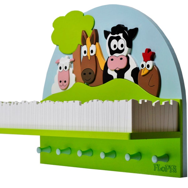 Large children's wardrobe with a large shelf for hats and scarves - farm motif
