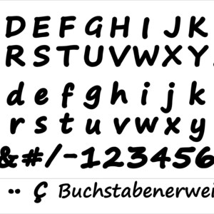 May include: A black and white font alphabet with uppercase and lowercase letters, numbers, and symbols. The font is bold and has a rounded, hand-drawn style. The text "Buchstaben Erweiterungen" is at the bottom of the image.