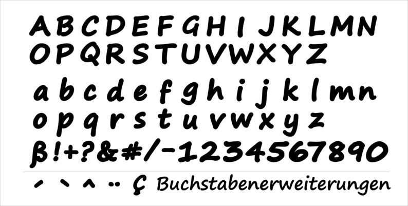 May include: A black and white font alphabet with uppercase and lowercase letters, numbers, and symbols. The font is bold and has a rounded, hand-drawn style. The text "Buchstaben Erweiterungen" is at the bottom of the image.