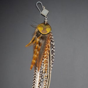 Boucle d&#39;Oreille en Plumes Naturelles et Pierre semi-précieuse de Druzy Quartz, Sertissage Argent 925, Plume de coq Léon et plume de Faisan